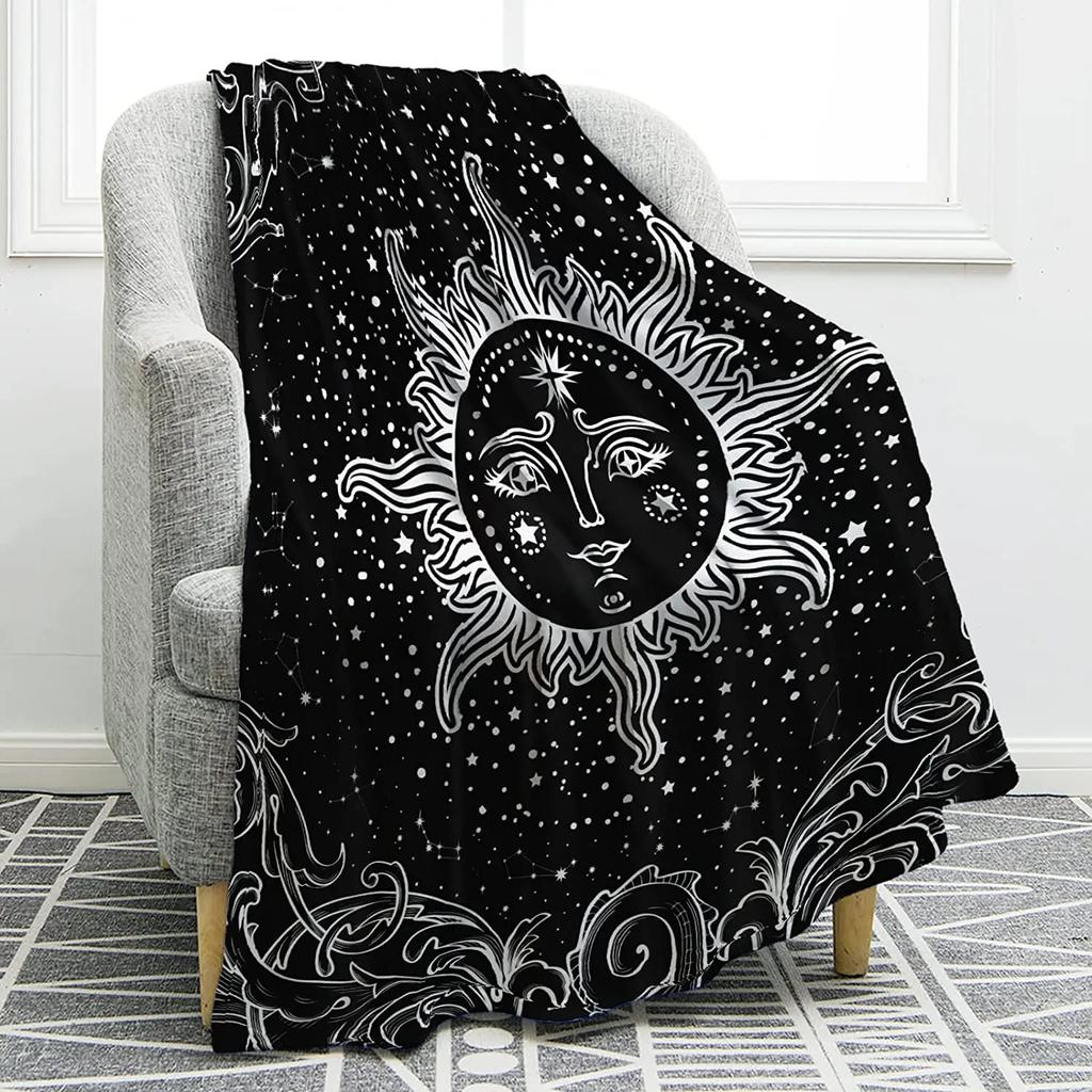 Sun Moon Blanket Stars Space Psychedelic Black and White Print Throw Blanket for Couch Bed Sofa Travel Camping for Kids Adults