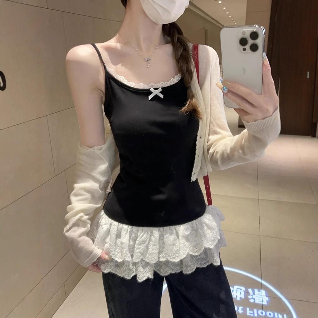 Pure desire bow white lace hem splicing sling vest femininity slim fit inner top summer