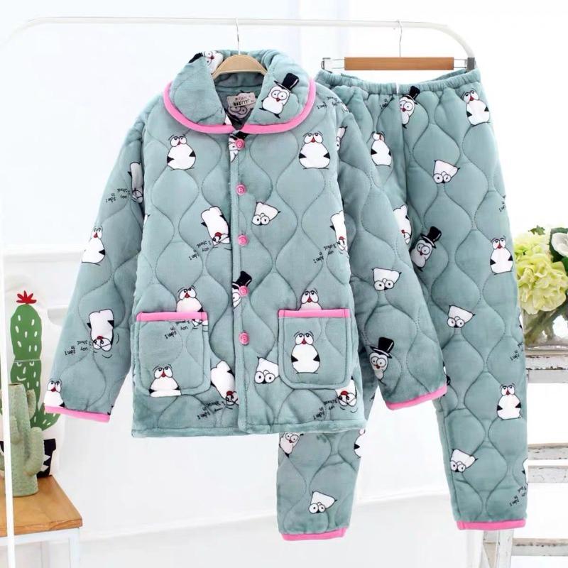 Pajamas women's winter warm winter fleece thickened coral fleece three layers of cotton autumn and winter women's loungewear