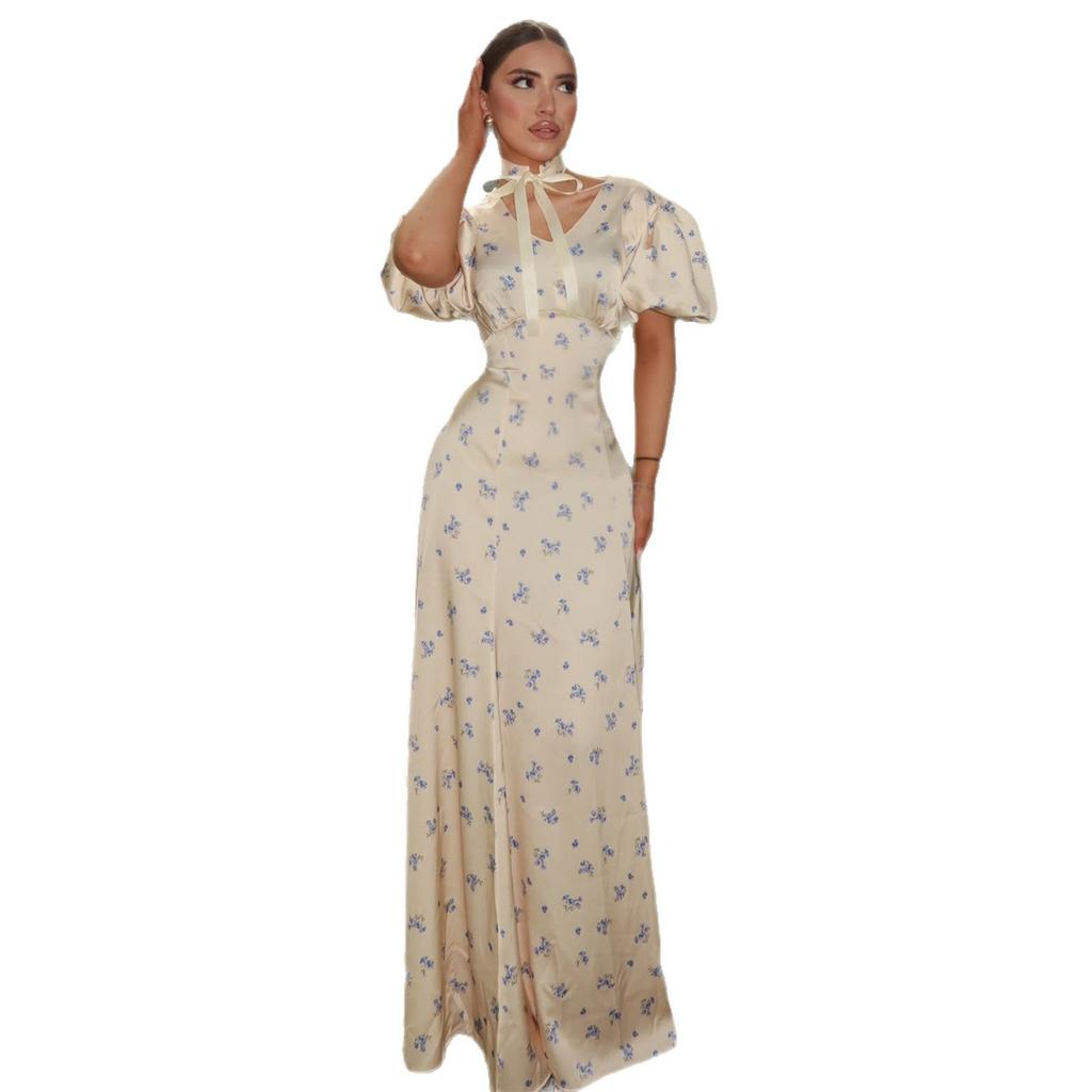 European and American women's clothing 2026 summer new French style V-neck streamer bubble sleeve high waist floral dress women