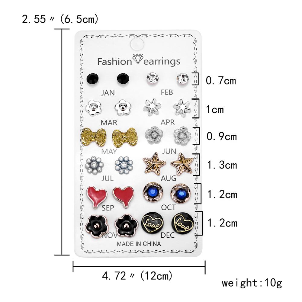 12 Pairs Crystal Rhinestone Flower Stud Earrings Set for Women Jan to Dec Birthstone Piercing Jewelry Accessories