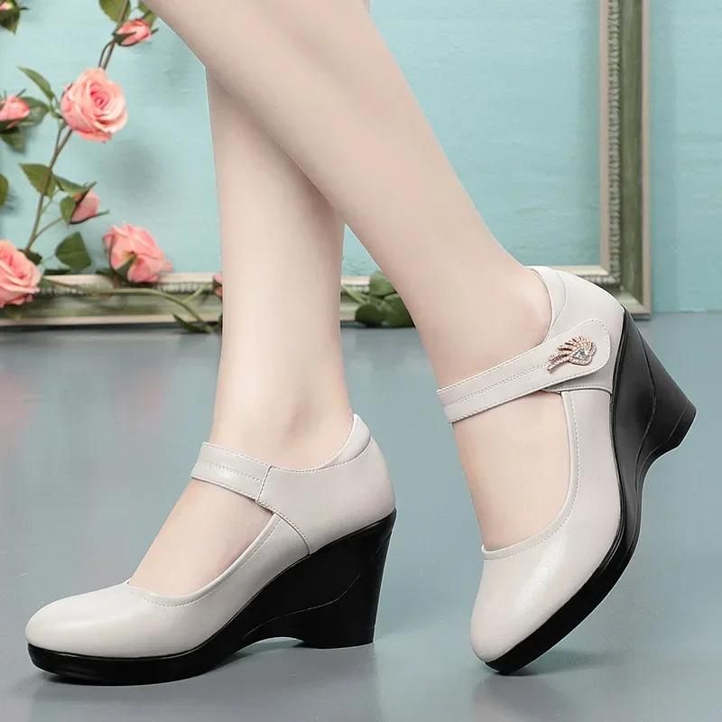 Fashion 7.5cm Comfortable Quality Soft Leather Shoes Shallow Platform Wedges Shoes 2025 Fall High Heels Pumps Women for Office Mom