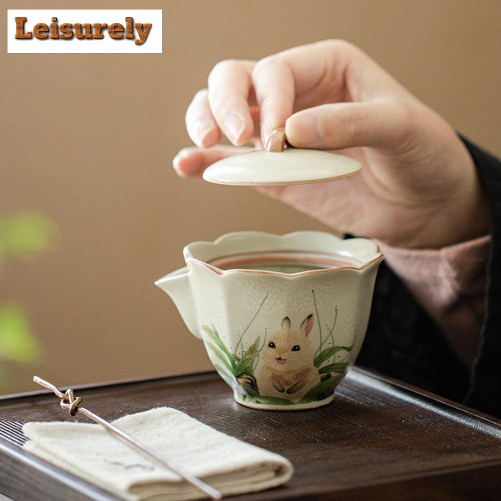 100ml Roztomilý Králíček Květinová Ústa Gaiwan Rýžově Žlutá Ru Kiln Ručně Uchopitelná Čajová Terina Čajový Výrobník Poklička Miska Čajový Set Kolekce Dárky