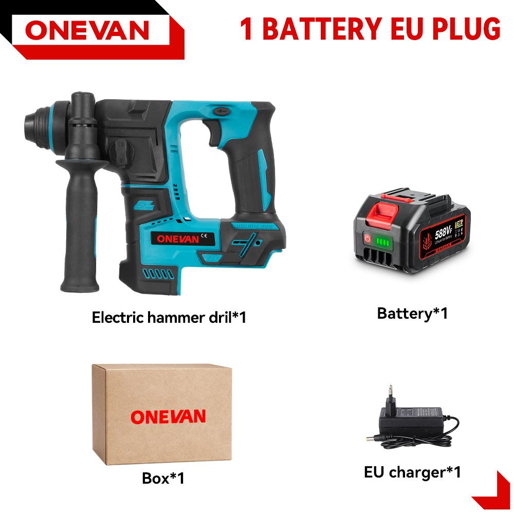 

ONEVAN Бесщеточная электрическая ударная дрель-перфоратор Портативная 24 мм Многофункциональная аккумуляторная дрель-перфоратор Инструмент для аккумулятора Makita 18 В Штифтовый 1Battery 1EU Charger