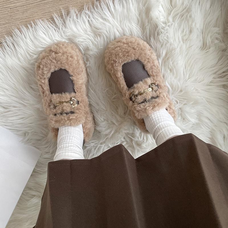 French Mary Jane fluffy shoes for women's outer wear 2025 winter new velvet warm one pedal Doudou loafer cotton shoes