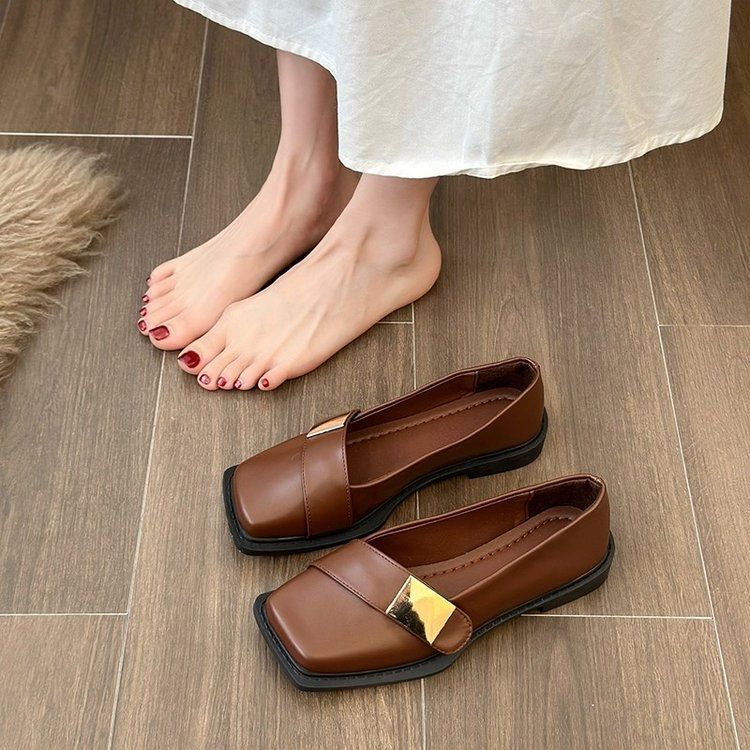 35-43 British style metal buckle single shoes retro square head soft sole loafers women's pedal small leather shoes