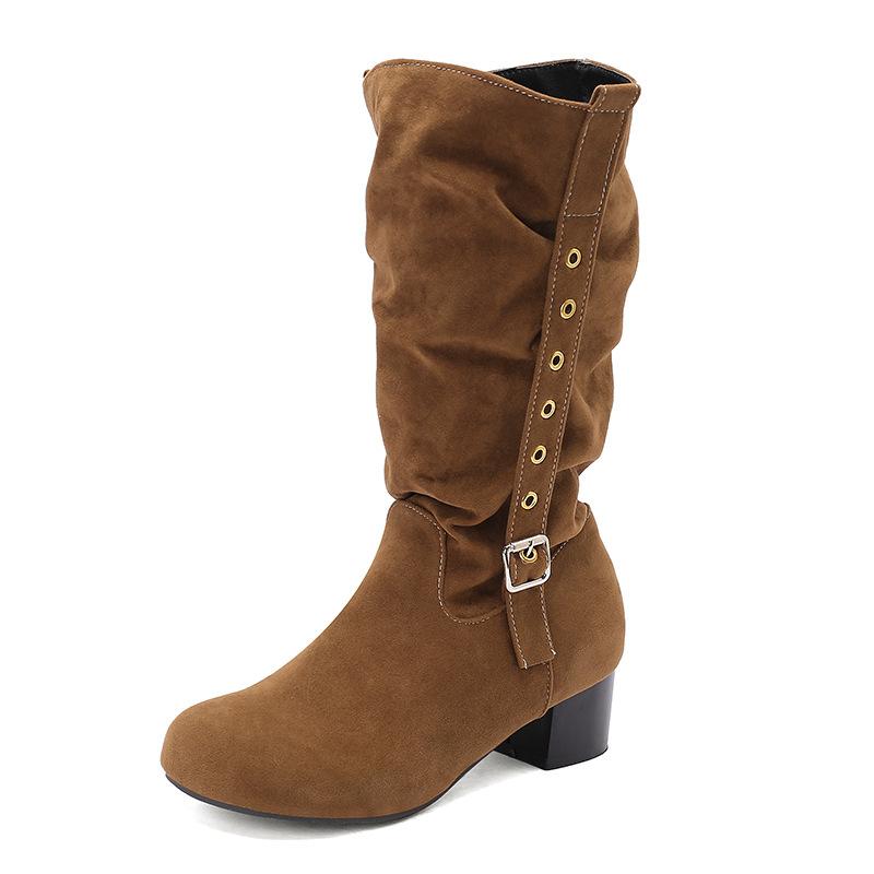 Suede Stacking Boots Belt Buckle Rivet Boots Medium Tube Skinny Boots Thick Middle Heel Boots 30-50 Boots