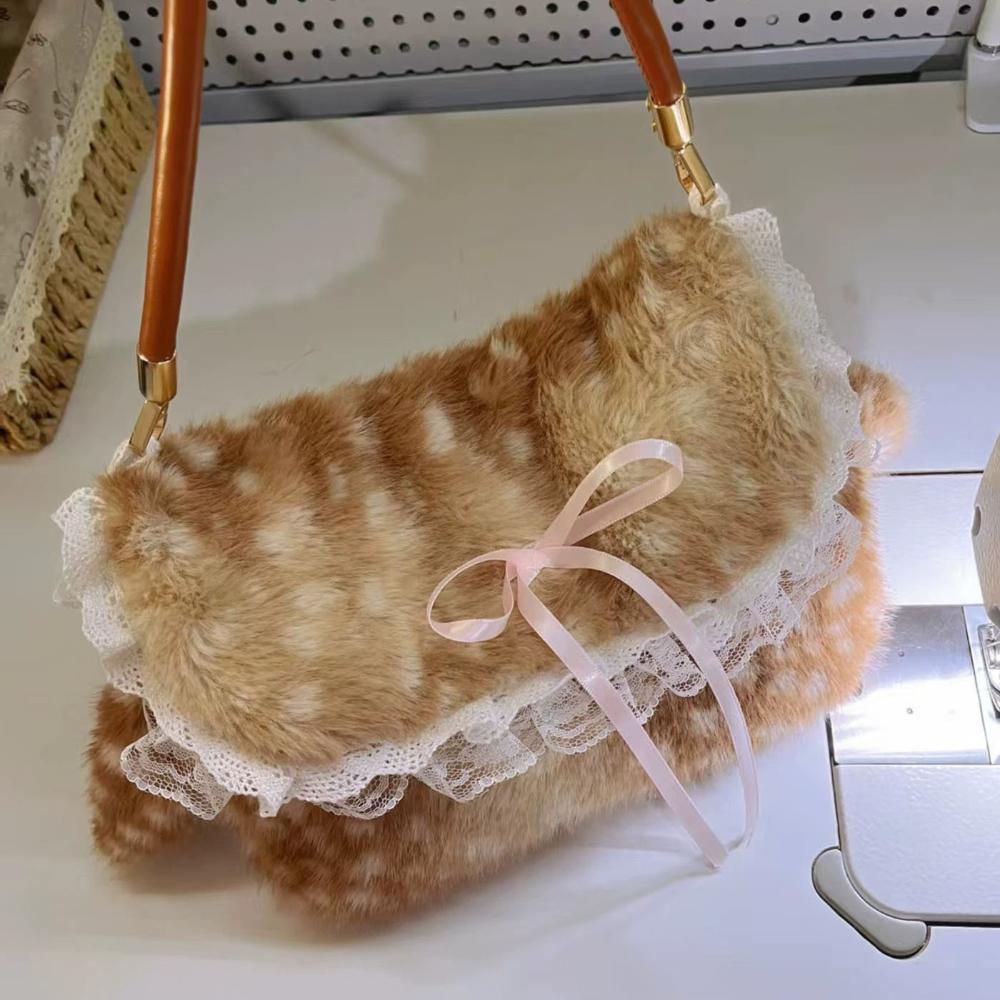 Cute Plush Deer Spot Pattern Handbag Ins Kawaii Commuter Bag Women's Faionable Versatile Oulder Bag Autumn Winter  Arrival