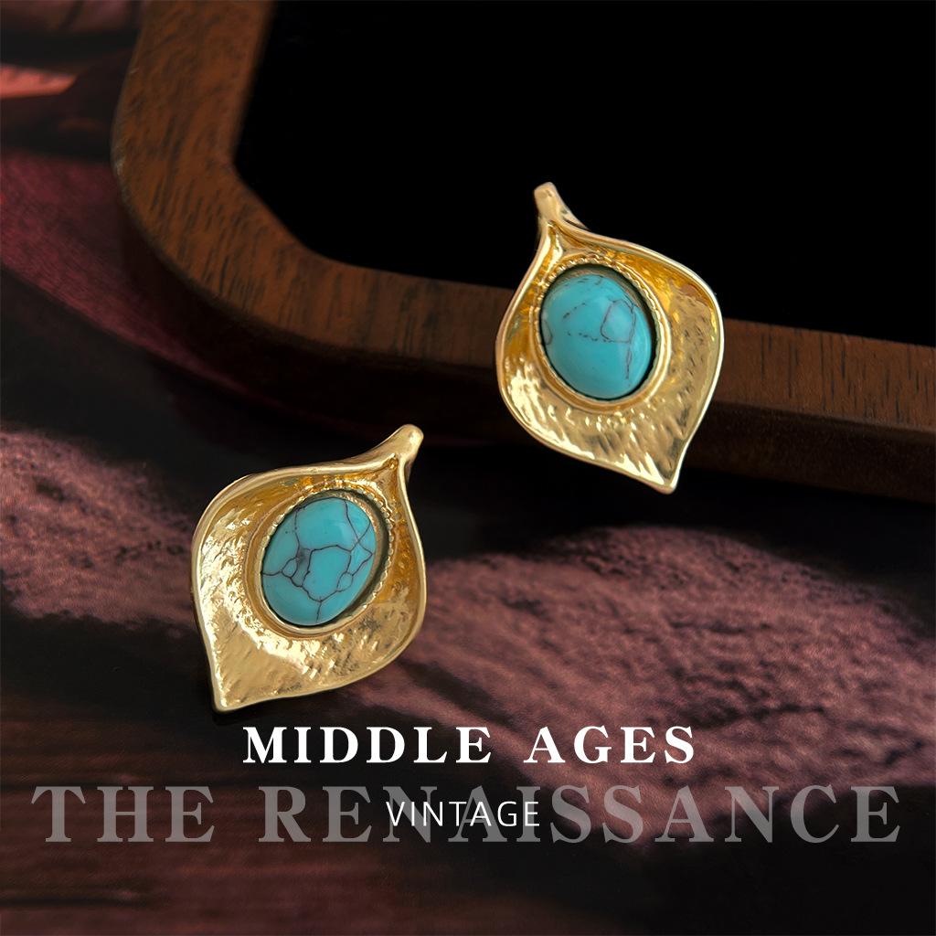 Medieval Retro Synthetic Turquoise Stud Earrings French Temperament Earrings Niche Earrings