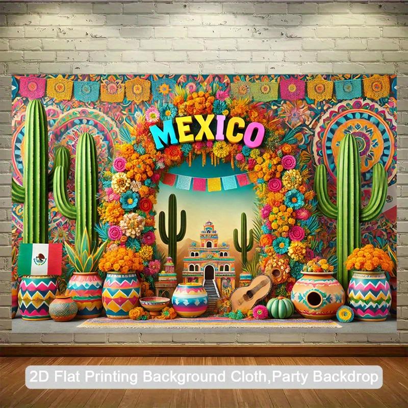 1 Mexican Style 2D Flat Background Tapestry Photography Set with Cactus, Paper Fan and Hat Design