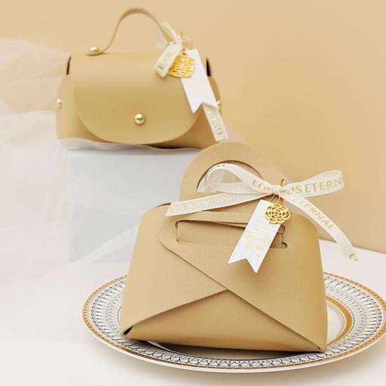 Packaging Box Ribbon Bow Handle Design Handbag Shape Faux Leather Wedding Favors Gift  Candy Bag Household Accessories