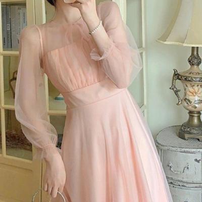 Jemný styl Francouzská první láska Sladké růžové šaty s dlouhým rukávem Elegantní princeznovská maxi sukně