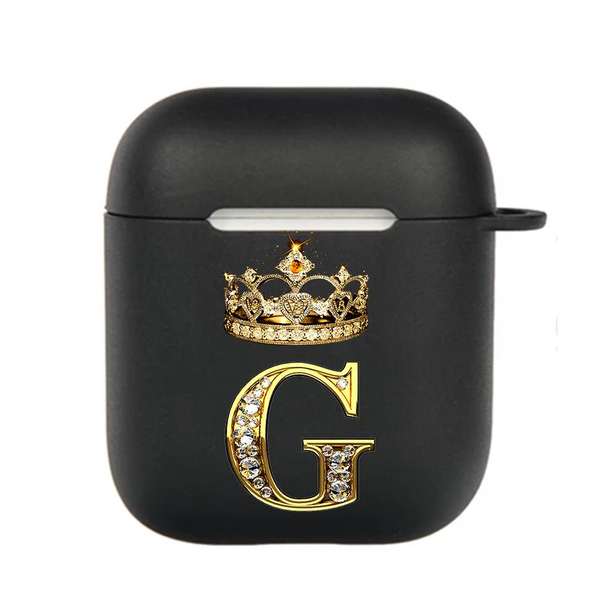 Diamond Crown Letter 26 With Hook Case For AirPods 2 3 1 Cases For Apple AirPods Pro 2 Coque Black TPU Soft Earphone Cover