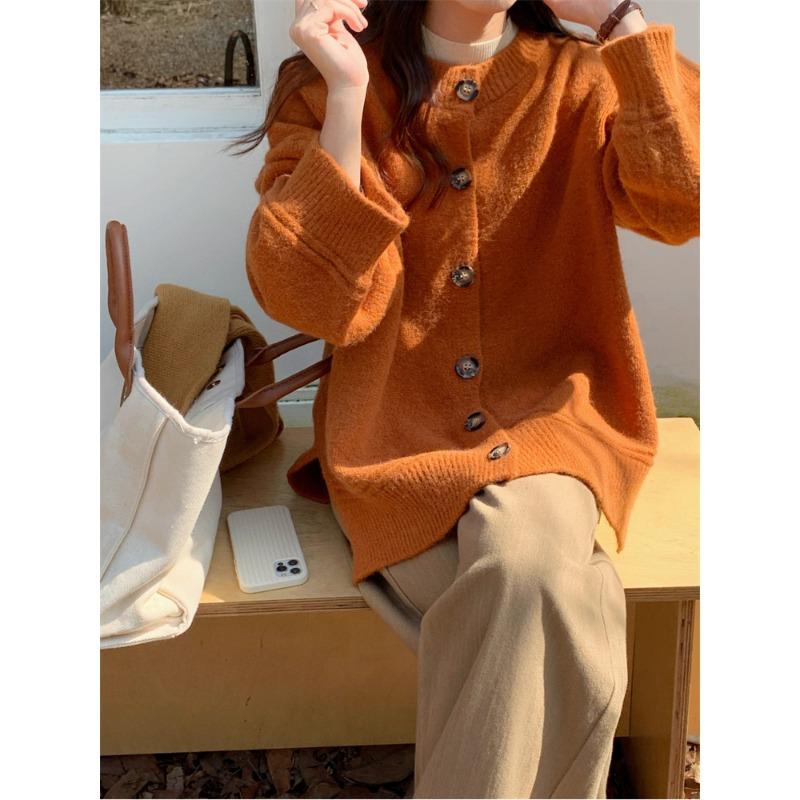 Solid color simple and versatile sweater jacket women's autumn and winter new loose casual lazy knitted cardigan top trendy