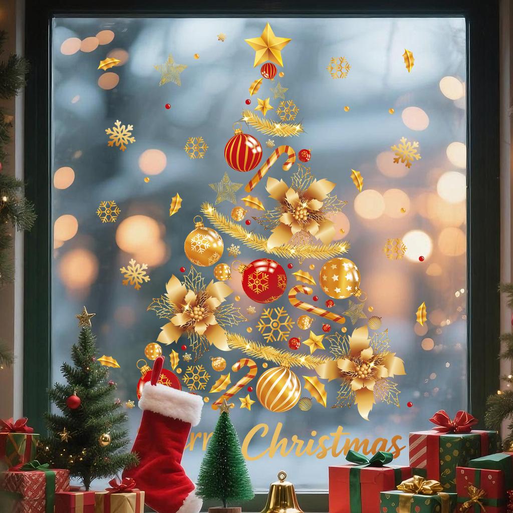 1pc Golden Christmas Tree Printed Electrostatic Sticker Christmas Decoration Sticker for Bedroom Living Room Window Decoration