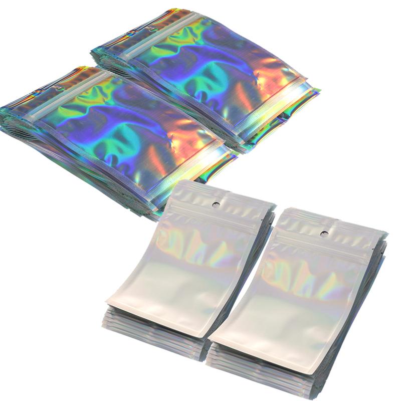 100Pcs Iridescent Zip Lock Bags Pouches Cosmetic Plastic Laser Iridescent Bags Holographic Makeup Bags Hologram Zipper Bags