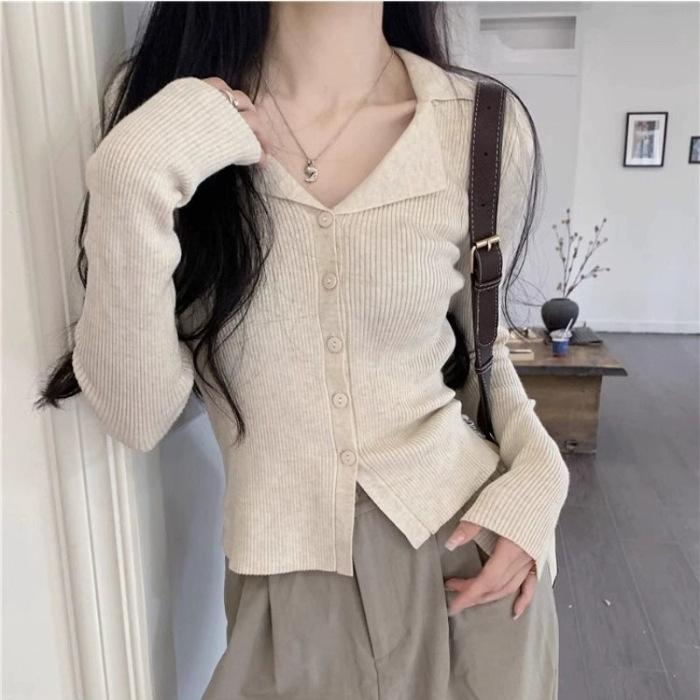 French Polo Lapel Knitted Bottoming Shirt Women's Autumn and Winter Thin Outer Cardigan Top Slim Fit Long-sleeved Sweater