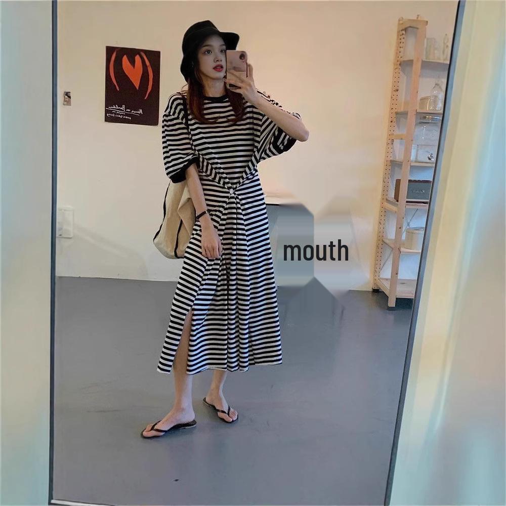 

Summer 2025 French Stripe Mid-Length Short Sleeve Over-the-Knee T-Shirt Dress Medium