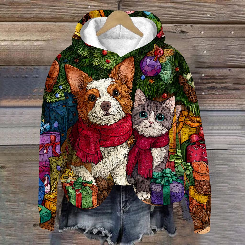 Women's Fashion Long Sleeve Christmas Print Loose Hooded Sweatshirt Top
