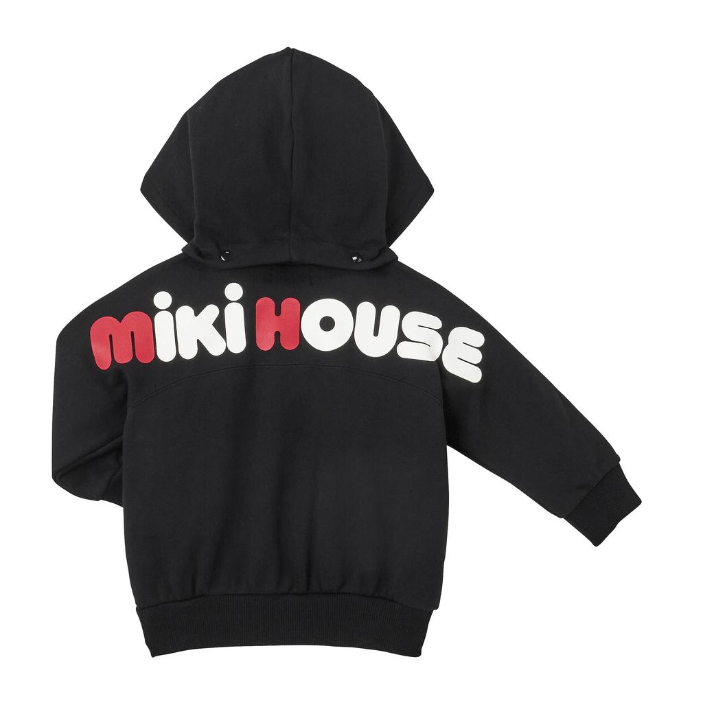 MIKI HOUSE Long Sleeve Hoodie with Logo, Zip-Up, Solid Color, Made In Japan, for Boys and Girls, Baby/Kids' Clothing, Size 90cm, Black, 10-3729-491