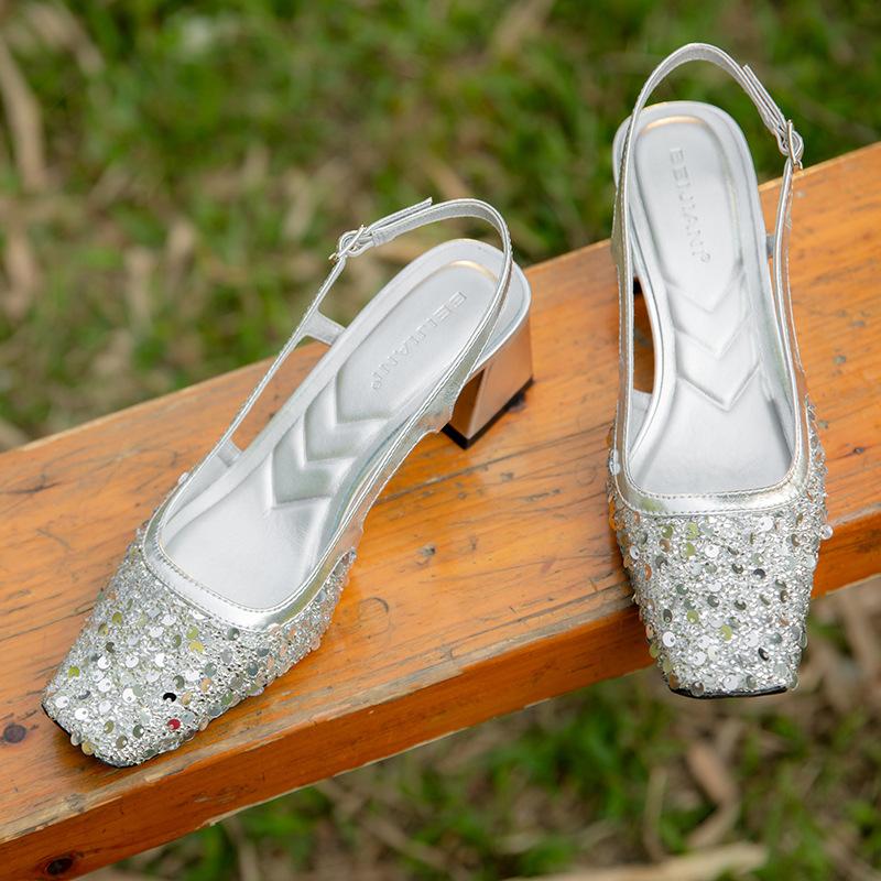 

Квадратный носок, неглубокий вырез, средний каблук, головка сумки, сандалии, женские летние с пайетками, сказочный стиль, свадебная обувь, одно слово с открытой пяткой. 40