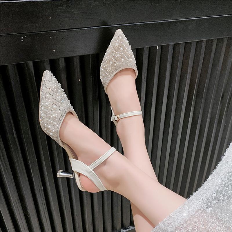 Fashion Women's Mesh Floral Embroidered Slingback High Heels Female Open Heel Pearl Studded Pointed Toe Sandals Sexy Stiletto Lady Mules
