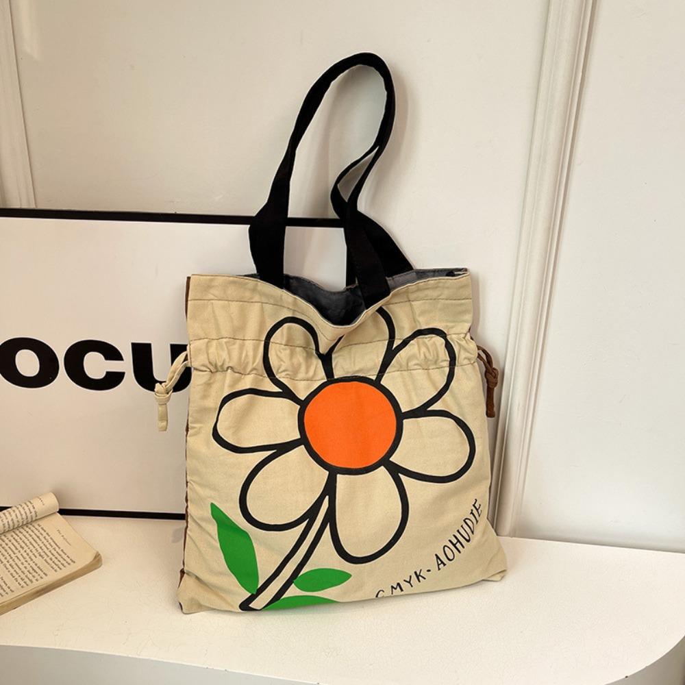 

Fashion Flower Shoulder Bag Korean Style Printed Handbag Vintage Cloth Tote Bag Storage Bag бежевый