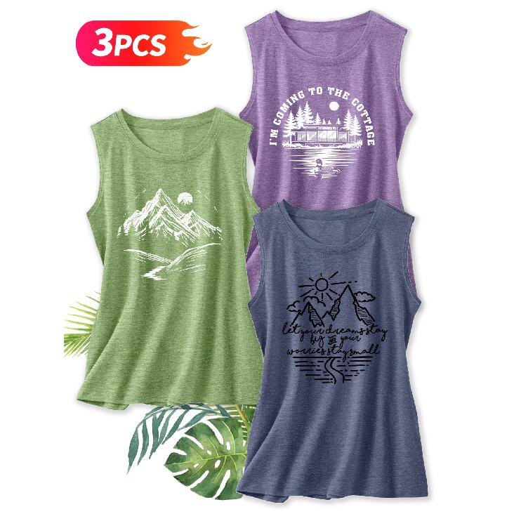 Three-piece Set Elegant Vest for Women Outdoor Mountain-themed Printed Round-neck Women's Tank Top Suitable for Spring and Summer Fashionable Tops