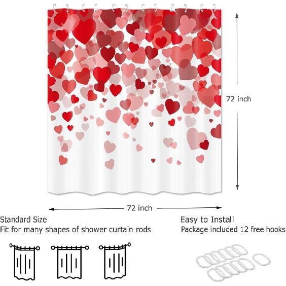 Valentines Day Shower Curtain for Bathroom, Red Hearts Romantic Pink and Red Hearts Bathroom Decor Shower Curtain Sets, Polyester Fabric Shower