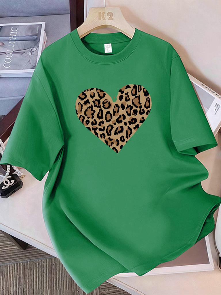 Summer Cotton TShirts Women Simple Leopard Print Heart Printing T Shirt ONeck Comfortable Loose Tops Street Womans Clothes