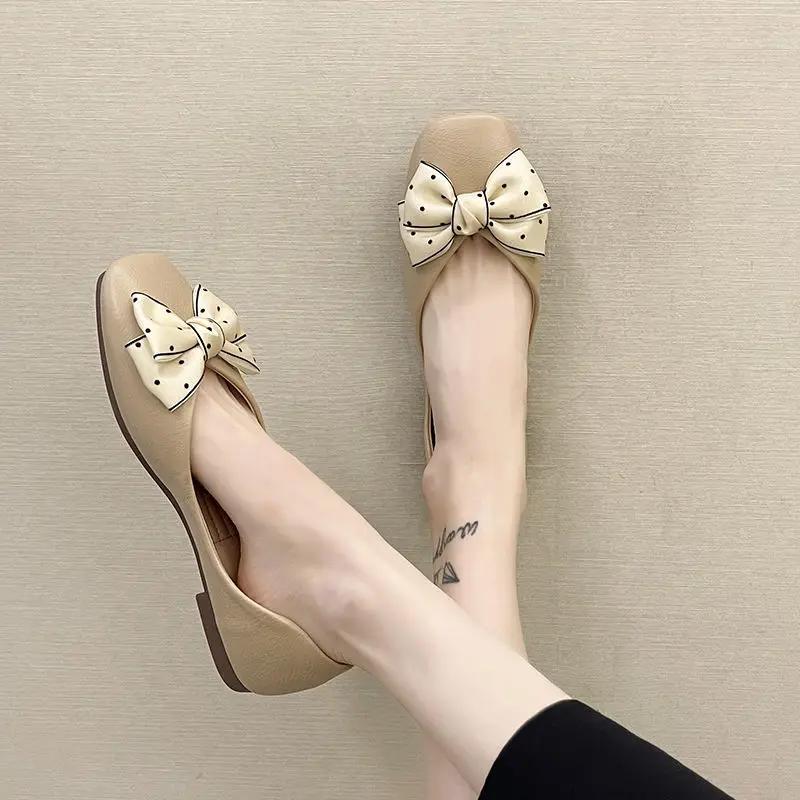 Fashion Women's Flat Shoes Square Toe Low Heel Elegant Ladies Footwear with Bow Dress Popular Stylish Cheap Clearance Korean Style Shoe