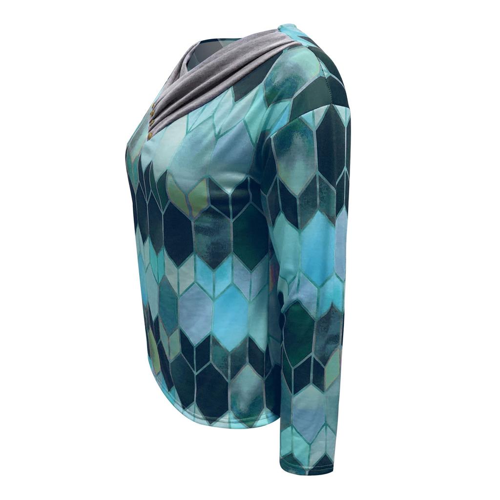 Women Tie-dye Printed Embroidery Collar Long Sleeve Pullover Blouse Tops