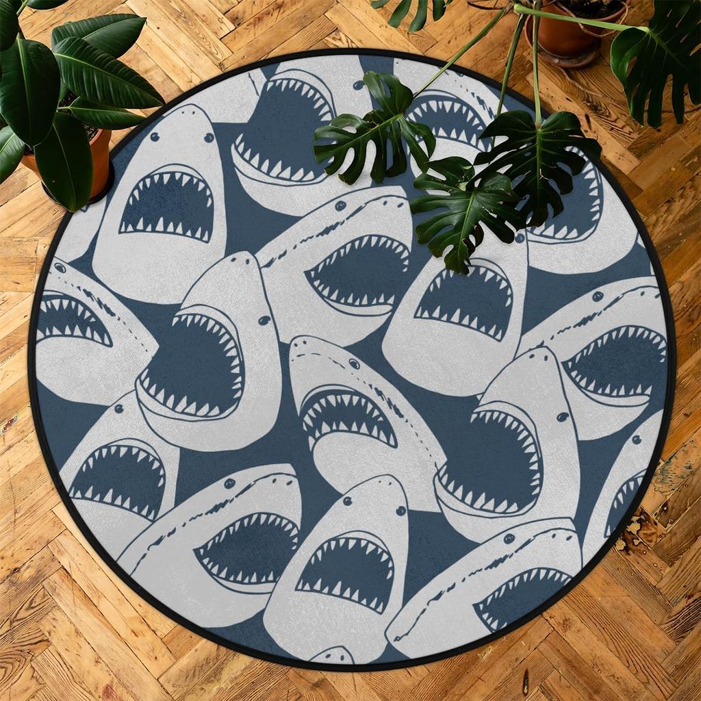 Ocean Animal Shark Patterns Round Rug,Washable Soft Circular Floor Mat, Non Slip Low Pile Area Rugs for Kids Bedroom Bathroom