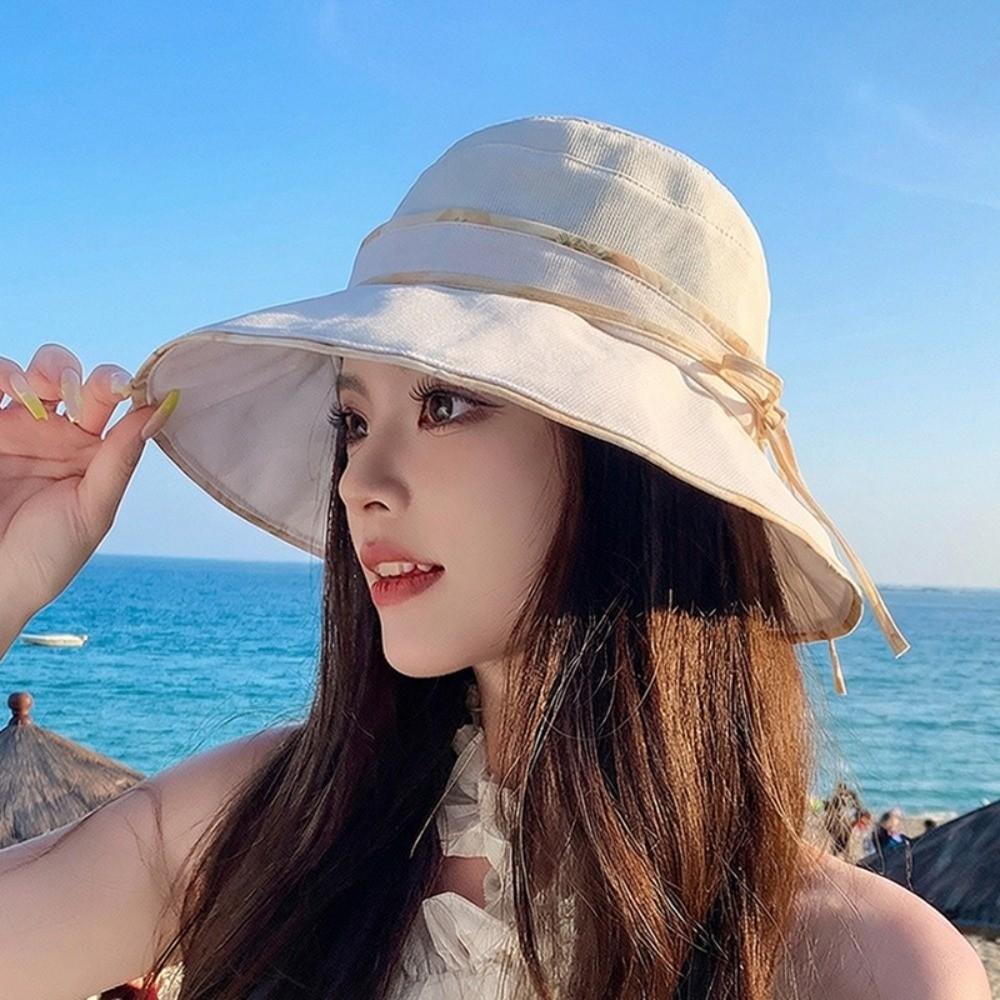 Bowknot Decor Fisherman Hat Lace-up Design Sunshade Hat New Girls Basin Caps  Beach Activities