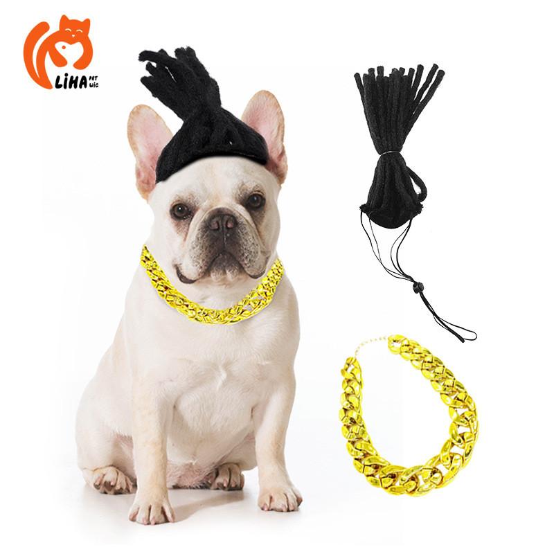 Pet Charming Gold Chain Necklace With Funky Dreadlock Wig For Halloween And Various Festive Celebrations