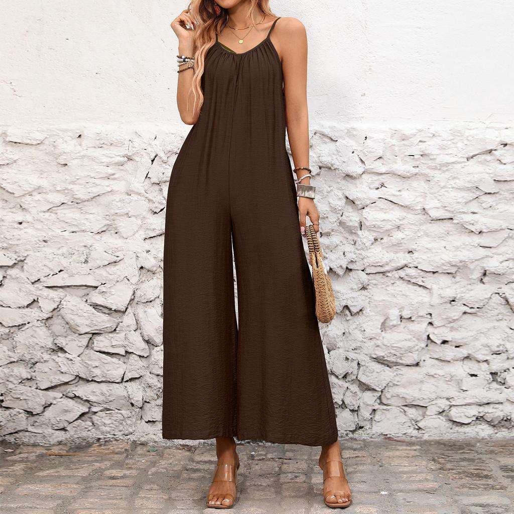 Women Loose Wide Leg Jumpsuit Adjustable Spaghetti Straps Sleeveless Casual Romper Full Length Palazzo Pants