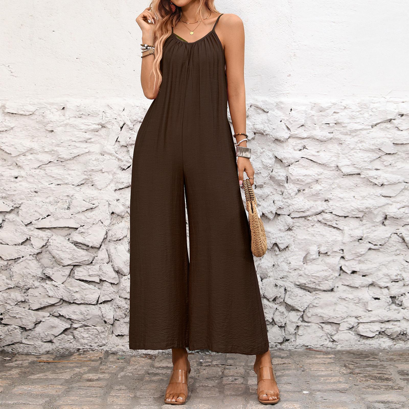 

Women Loose Wide Leg Jumpsuit Adjustable Spaghetti Straps Sleeveless Casual Romper Full Length Palazzo Pants S кавовий