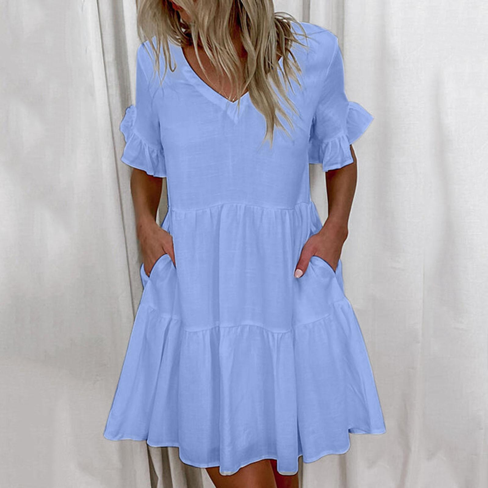 

Wish three-color five-size collar solid-color pocket dress XXL синій