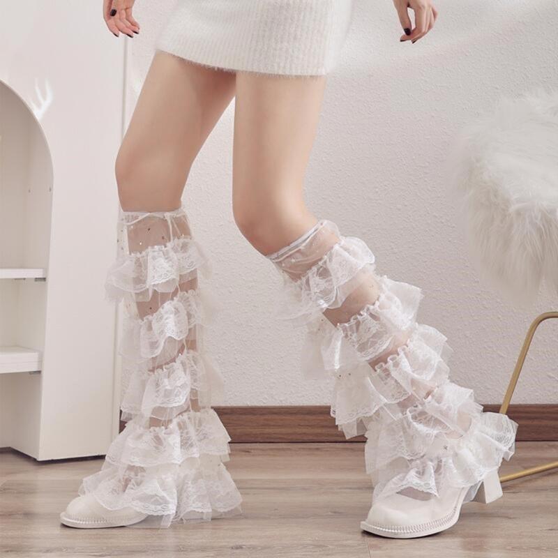 Women Tiered Ruffle Lace Leg Warmer Sweet Knee Highs Leg Socks Princesses Sheer Leg Warmer Summer Thin Leg Sleeves Gift