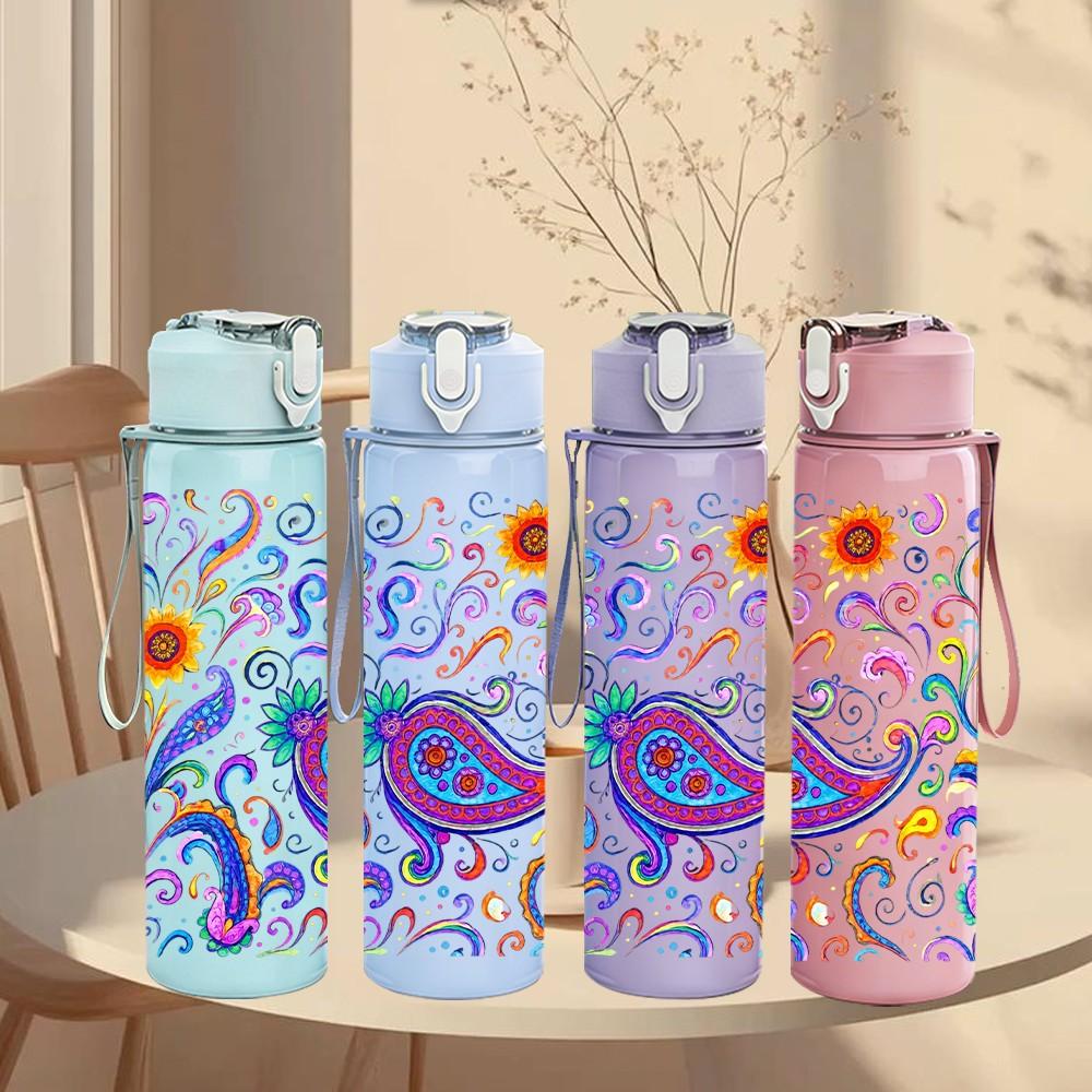 1PC Paisley Boho Mandala 750ml Color Plastic Sports Water Bottle Leakproof Flip Straw Lid Suitable for Sports Office Home Use