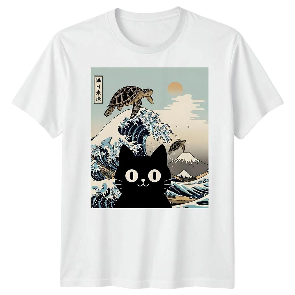 Black Cat Sea Turtle Kai Nichi Bei Yaki Japanese Art Ukiyoe Style Graphic Tee