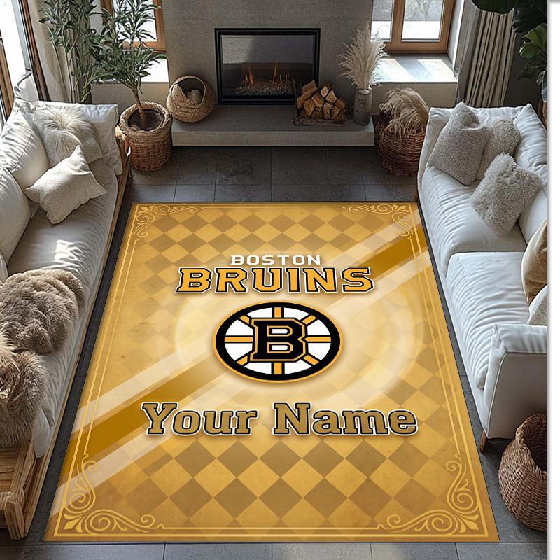 Tappeto in Velluto di Cristallo Boston Bruins, Tappetino Antiscivolo Personalizzato con Testo Nome per Arredamento Casa Regalo