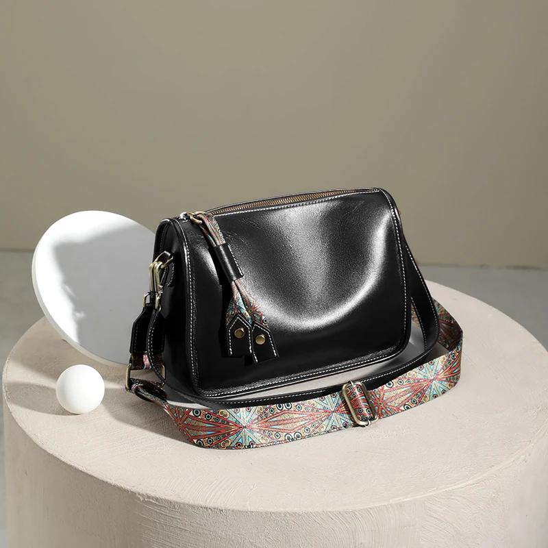 

Women s Real 100% Cowhide Leather Wide Shoulder Bag Solid Color Soft Cow Leather Crossbody Bag Luxury Messenger Bag Ladies Gift 27x11x21cm чёрный