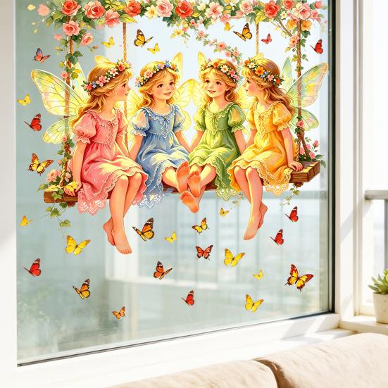 Fairy Window Sticker, Watercolor 4 Fairies Swing Window Cling, Colorful Flowers Butterflies Static Glass Decal for Kids Room Bedroom