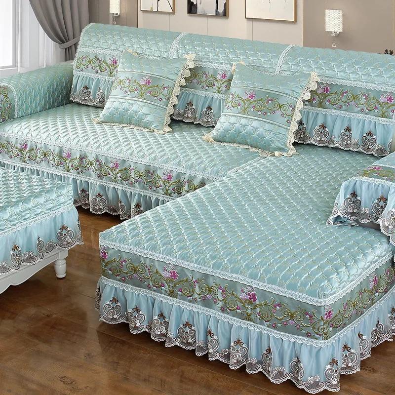 

High End Embroidered Lace Sofa Cushion 17cm Edge Cushion Four Seasons Hot Selling Fabric Sofa Cushion Anti Slip Sofas Cover 70*70cm