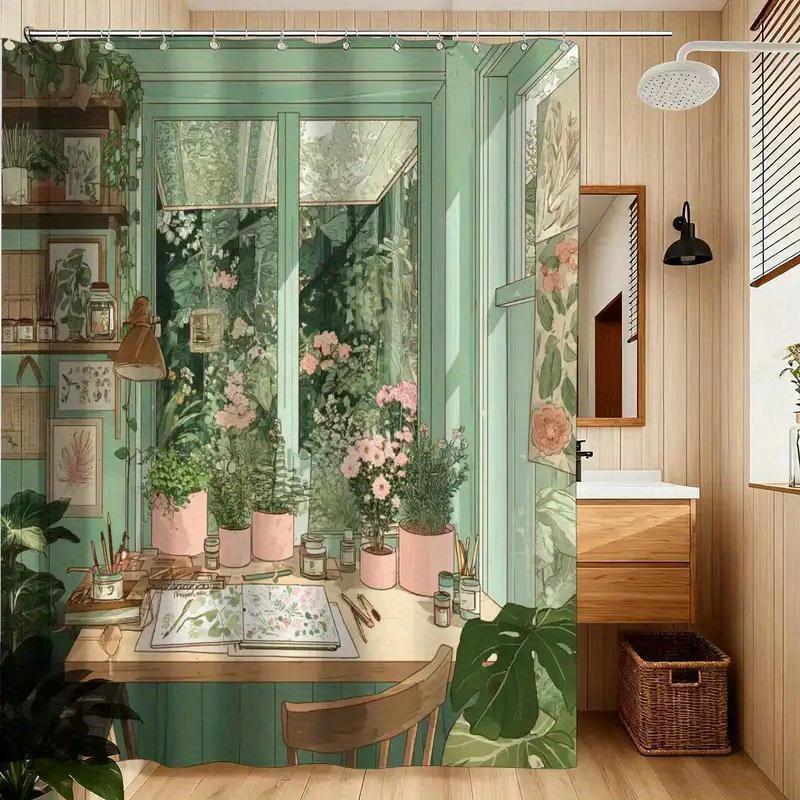 

Botanical Studio With Plants And Sketchbook Shower Curtain Machine Washable All Season Waterproof Privacy Protection Quick Setup W60H190(CM)-1 Pcs