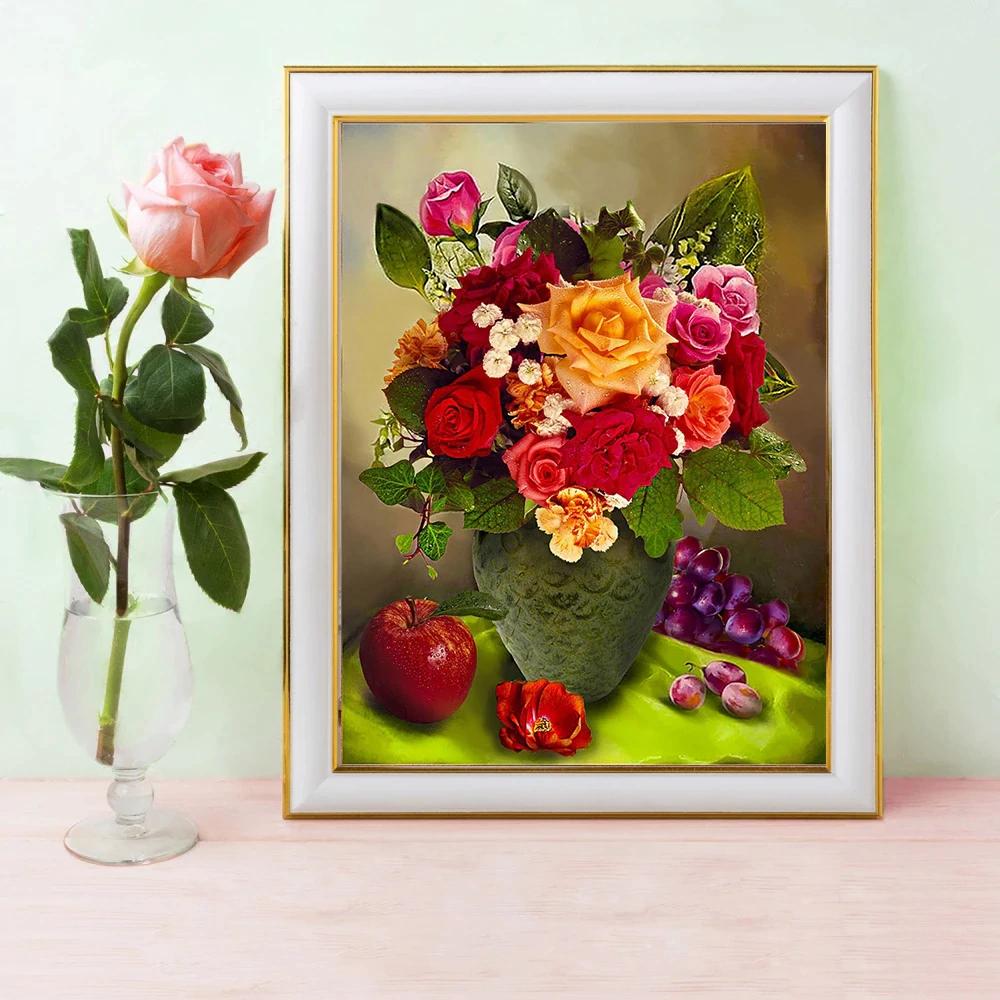 Full Drill Diamond Embroidery Rose Cross Stitch Diamond Painting Flower Mosaic Fruit Picture Of Rhinestone Home Decor