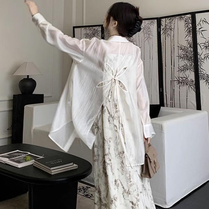 Bow Hollow Out Sun Protection Clothing for Women In Spring Paired with A Cardigan and A White High-end Shirt Jacket