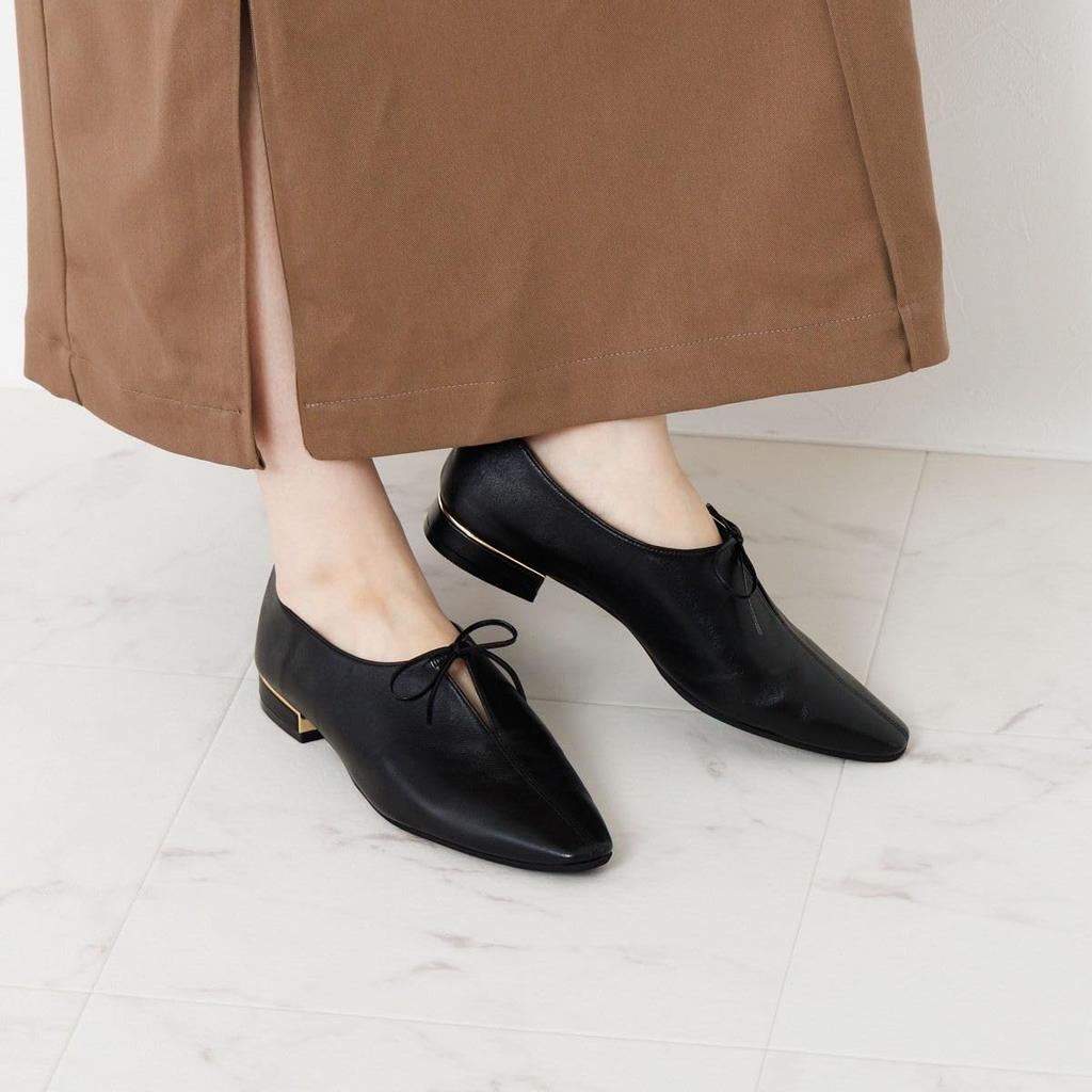 HIMIKO Himiko Center Slit Ribbon Pumps, Black, Size 651312, Low Heel, Genuine Leather, Soft Cushion, Size 245