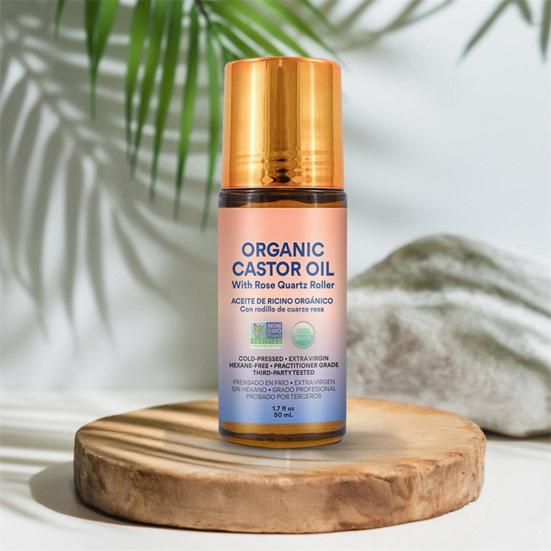 1/2Pcs 50ML Organic Castor Oil with Rose Quartz Roller Travel Nourishing Moisturizing 1.7 Fl Oz Pure Extra Virgin Roll-on Castor Oil
